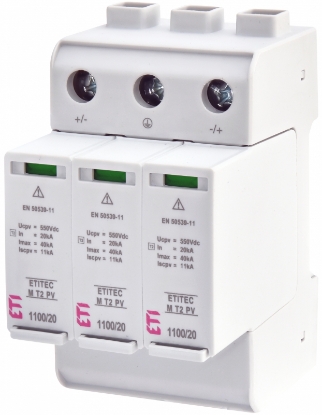Imagine DESCARCATOR SUPRATENSIUNI, TIP T2, 2P 3MD, 1100VDC, SPD, MOV, II / C, PV, 20KA/MAX 40KA,