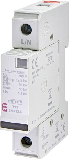 Imagine DESCARCATOR SUPRATENSIUNI, TIP T1/T2, 1P 1MD, 280VAC, SPD, MOV, TN, 12,5/20KA, ETITEC V T12 280/12,5
